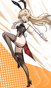 1girl absurdres alternate_costume animal_ear_hairband animal_ears bare_shoulders black_bow black_bowtie black_leotard black_shoes black_thighhighs blonde_hair bow bowtie breasts closed_mouth commentary fake_animal_ears fake_tail from_side full_body hair_ornament hairband hand_up high_heels highres leg_up leotard long_hair looking_at_viewer medium_breasts navel one_eye_closed phoebe_(wuthering_waves) playboy_bunny purple_eyes rabbit_ear_hairband rabbit_ears rabbit_tail ryeon_(naturesan) shoes smile solo tail tailcoat thighhighs thighs white_wrist_cuffs wrist_cuffs wuthering_waves x_hair_ornament