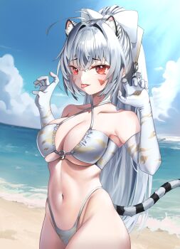 1girl animal_ears armpits beach bikini blush breasts brown_dust_(series) brown_dust_2 claw_pose cleavage eyebrows_hidden_by_hair facial_mark from_side grey_bikini grey_hair groin hair_between_eyes hair_ribbon highres large_breasts long_hair looking_at_viewer nadina99 navel ocean open_mouth ponytail red_eyes ribbon solo stomach swimsuit tail tiger_ears tiger_girl tiger_tail tongue tongue_out very_long_hair white_ribbon yuri_(brown_dust)