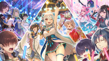 >:) 3boys 6+girls :d ;d ^_^ ahoge animal_ears arm_up ather_(monmusu_td) black_gloves black_hair blonde_hair blue_eyes blush bow bowtie breasts brown_hair cheering closed_eyes concert confetti covered_eyes crop_top dress edo_(oshiro_project) elbow_gloves female_prince_(sennen_sensou_aigis) flower_on_chest gloves glowstick gold_trim hair_between_eyes hair_intakes hair_ornament hair_over_eyes hair_over_one_eye hair_ribbon hand_on_own_forehead headband heart heart_ahoge highres holding holding_glowstick holding_microphone idol long_hair long_sleeves lord_(oshiro_project) lupupu_(monmusu_td) master_(monmusu_td) medium_breasts microphone monster_musume_td multiple_boys multiple_girls music neck_ribbon official_art one_eye_closed one_eye_covered open_mouth oshiro_project:re pink_hair pleated_skirt prince_(sennen_sensou_aigis) red_eyes ribbon screen second-party_source sennen_sensou_aigis shigisan_(oshiro_project) shirt singing skirt sleeveless sleeveless_dress sleeveless_shirt smile split_screen stage stage_lights tantalum_(monmusu_td) tassel thick_eyebrows thigh_gap thighhighs thighs tsukiko_(sennen_sensou_aigis) tuda_(sennen_sensou_aigis) twintails underbust v-shaped_eyebrows very_long_hair white_gloves white_hair white_thighhighs wide_sleeves yanagawa_(oshiro_project) zettai_ryouiki