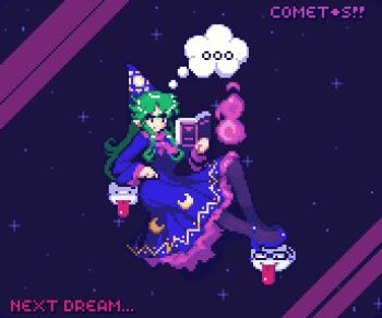 ... 1girl artist_name bakebake_(touhou) blue_shoes breasts comet_summoner98 commentary dress english_commentary green_eyes green_hair hat long_hair long_sidelocks long_sleeves mima_(touhou) pixel_art reading ribbon shoes sidelocks solo speech_bubble star_(sky) thought_bubble touhou touhou_(pc-98) witch_hat wizard_hat