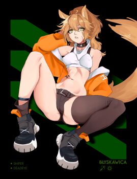 1girl absurdres ahoge animal_ear_fluff animal_ears arknights asymmetrical_legwear belt black_background black_collar black_shorts black_socks black_thighhighs blonde_hair blyskawica_(flandre5carlet) breasts character_name collar commission commissioner_upload crop_top denim denim_shorts facial_scar full_body green_eyes hand_in_own_hair highres horse_ears horse_girl horse_tail infection_monitor_(arknights) jacket jacket_partially_removed long_hair long_sleeves material_growth medium_breasts navel off_shoulder orange_jacket original oripathy_lesion_(arknights) ponytail scar scar_on_cheek scar_on_face scar_on_shoulder scarf shirt shoes short_shorts shorts sneakers socks solo spiked_collar spikes stomach tail thesuyo thighhighs white_scarf white_shirt wide_sleeves