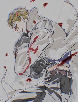 1boy black_gloves blonde_hair blood coat cowboy_shot crossed_arms eni_(yoyogieni) final_fantasy final_fantasy_viii gloves green_eyes grey_coat grey_pants hair_slicked_back highres long_coat male_focus midriff pants parted_lips purple_shirt scar scar_on_face scar_on_forehead seifer_almasy shirt short_hair sketch smile solo