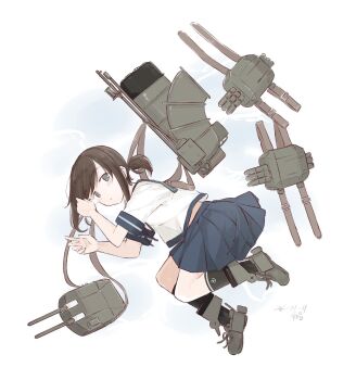 Rule 34 | 1girl, adapted turret, black hair, blue sailor collar, blue skirt, breasts, fetal position, fubuki (kancolle), grey eyes, highres, hikashima (shiofune), kantai collection, low ponytail, lying, medium breasts, on side, pleated skirt, ponytail, rigging, sailor collar, sailor shirt, school uniform, serafuku, shirt, sidelocks, skirt, smokestack, solo, torpedo launcher, ventilation shaft, white shirt