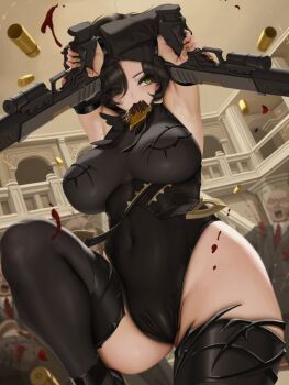 1girl armpits bare_shoulders black_footwear black_hair black_leotard black_survival black_thighhighs blood breasts covered_navel curvy dual_wielding eating elbow_sleeve green_eyes gun handgun high_heels holding holding_gun holding_weapon indoors large_breasts leotard letdie1414 mole mole_under_eye rozzi_(black_survival) shell_casing short_hair thighhighs thighs weapon