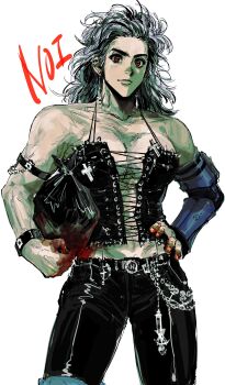 1girl absurdres bag black_hair black_pants blood blood_on_hands breasts character_name cleavage commentary cowboy_shot dorohedoro earrings highres holding holding_bag inverted_cross_earrings jewelry korean_commentary large_breasts light_smile muscular muscular_female my_nameisyoon noi_(dorohedoro) pants red_eyes solo