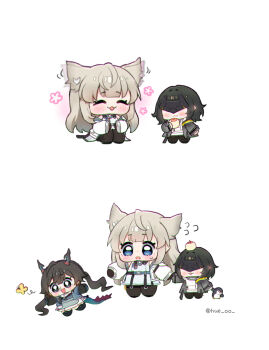 Rule 34 | 3girls, :3, :d, ^ ^, animal ears, apple, arknights, arknights: endfield, black hair, blue eyes, blunt bangs, blush, bug, butterfly, chen qianyu (arknights), chibi, chibi only, closed eyes, closed mouth, commentary, dragon girl, dragon horns, dragon tail, endministrator (arknights), eye mask, female endministrator (arknights), food, food on head, fruit, full body, grey hair, highres, holding, holding food, horns, hue oo, insect, long hair, mask, multiple girls, object on head, open mouth, perlica (arknights), short hair, simple background, smile, standing, symbol-only commentary, tail, twintails, twitter username, white background