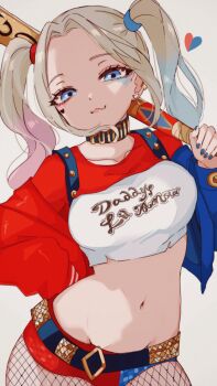 1girl :3 baseball_bat belt black_belt black_choker blonde_hair blue_eyes blue_nails breasts choker closed_mouth collarbone commentary cowboy_shot crop_top curtained_hair dc_comics facial_tattoo fingernails fishnet_pantyhose fishnets fortnite gradient_hair groin harley_quinn harley_quinn_(suicide_squad) heart heart_tattoo highres holding holding_baseball_bat jacket jacket_partially_removed kurerin looking_at_viewer medium_breasts multicolored_hair multicolored_jacket nail_polish navel pantyhose sidelocks simple_background smile solo stomach suicide_squad tattoo twintails two-tone_jacket two-tone_shirt two-tone_shorts white_background