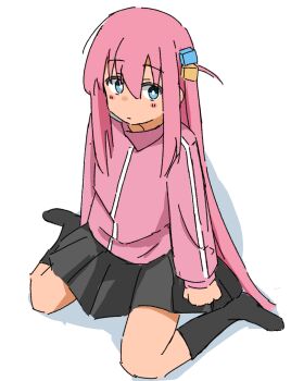 1girl absurdres blue_eyes blush bocchi_the_rock! breasts cube_hair_ornament gotoh_hitori hair_between_eyes hair_ornament highres jacket kendama_club long_hair long_sleeves looking_at_viewer one_side_up pink_hair pink_jacket pink_track_suit shirt side_ahoge simple_background skirt smile solo track_jacket track_suit white_background