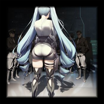 1girl 6+boys aqua_hair ass ass_focus boots drill_hair from_behind game_cg goddess_of_victory:_nikke highres holster huge_ass long_hair military_uniform multiple_boys official_art privaty_(nikke) short_shorts shorts solo_focus thick_thighs thigh_boots thigh_holster thigh_strap thighs twin_drills very_long_hair