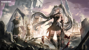 1girl absurdres black_dress black_hair black_thighhighs blood blood_on_arm blood_on_face clothing_cutout dress fang floating_hair full_body gun hair_between_eyes hand_on_own_face headgear highres holding holding_gun holding_weapon jetavie:_daybreak_(pgr) jetavie_(pgr) looking_at_viewer mechanical_arms mechanical_legs mechanical_tail multicolored_hair official_art official_wallpaper punishing:_gray_raven red_eyes rubble side_cutout sky smile solo_focus symbol-shaped_pupils tail thighhighs two-tone_hair war weapon white_hair x-shaped_pupils