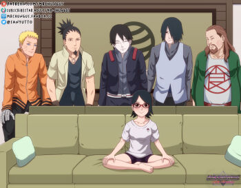 1girl 5boys akimichi_chouji barefoot black_hair blonde_hair boruto:_naruto_next_generations brown_hair couch feet glasses highres meme mr.chungus multiple_boys nara_shikamaru naruto_(series) piper_perri_surrounded_(meme) sai_(naruto) smile uchiha_sarada uchiha_sasuke uzumaki_naruto