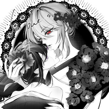 Rule 34 | 2girls, alternate costume, alternate universe, artist self-insert, bare shoulders, blunt bangs, braid, choker, collarbone, commission, commissioner insert, couple, crying, crying with eyes open, flower, from behind, genshin impact, hair between eyes, hair up, hand on another's head, hashtag-only commentary, head tilt, heads together, heterochromia, highres, image sample, japanese clothes, kimono, leaning on person, long hair, looking at another, looking down, looking up, mole, mole under eye, monochrome, multiple girls, oc x canon, off shoulder, ondine63546441, original, purple eyes, raiden shogun, sad, shade, shiny skin, tears, twitter sample, upper body, yilinglaozu121, yuri