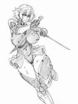 1girl breasts covered_erect_nipples curvy dual_wielding fishnets greyscale highleg highleg_leotard highres holding igawa_sakura impossible_clothes impossible_leotard jumping kubo_tite_(style) large_breasts leotard monochrome rakusakugk revealing_clothes reverse_grip short_hair short_sword simple_background skin_tight solo sword taimanin_(series) taimanin_asagi taimanin_suit thighhighs weapon white_background wide_hips