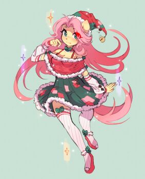 1girl :3 absurdres animal_ears aqua_hair armpit_crease bell blush bow bow_legwear bra_strap breasts christmas closed_mouth colored_skin commentary english_commentary eyes_visible_through_hair fluttershy full_body fur-trimmed_shirt fur-trimmed_skirt fur_trim green_background green_bow green_skirt hat highres horse_ears horse_girl humanization loepone long_hair my_little_pony my_little_pony:_friendship_is_magic patchwork_clothes pink_hair red_hat red_shirt red_shoes shirt shoes simple_background skirt small_breasts sparkle thighhighs two-tone_headwear very_long_hair white_arm_warmers white_thighhighs yellow_skin