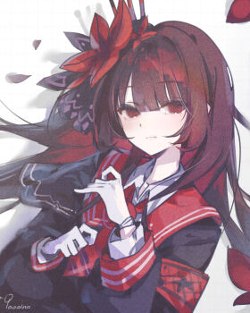 1girl absurdres armband black_hair black_shirt blunt_bangs bug butterfly closed_mouth collared_shirt commentary floating_hair flower gloves hair_flower hair_ornament hands_up highres insect long_hair long_sleeves looking_at_viewer mahou_shoujo_no_majo_saiban necktie nikaido_hiro qoooinn red_armband red_butterfly red_eyes red_flower red_necktie shirt solo symbol-only_commentary upper_body white_background white_gloves