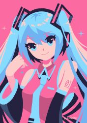 Rule 34 | 1girl, aqua eyes, aqua hair, aqua necktie, artist name, bare shoulders, commentary, detached sleeves, hair between eyes, hatsune miku, highres, light smile, looking at viewer, misoni (mi-soni), necktie, no lineart, pink background, pink shirt, shirt, shoulder tattoo, smile, solo, sparkle, symbol-only commentary, tattoo, twintails, upper body, vocaloid