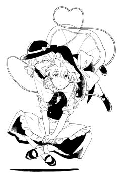 Rule 34 | 2girls, :d, apron, blush, bow, braid, buttons, closed eyes, commentary request, floating, frilled apron, frilled socks, frills, full body, greyscale, hair bow, hat, hat bow, high heels, highres, indian style, kirisame marisa, komeiji koishi, long hair, monochrome, multiple girls, natsume (menthol), open mouth, puffy short sleeves, puffy sleeves, shirt, shoes, short sleeves, single braid, sitting, skirt, skirt hold, smile, socks, touhou, vest, white background, witch hat