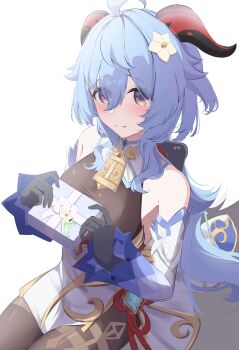 Rule 34 | 1girl, absurdres, ahoge, bare shoulders, bell, black gloves, blue hair, blush, breasts, brown pantyhose, commentary request, detached sleeves, flower, ganyu (genshin impact), genshin impact, gift, gloves, gold trim, hair flower, hair ornament, highres, holding, holding gift, horns, jewelry, long hair, looking at viewer, low ponytail, moni (moni7475), neck bell, pantyhose, ponytail, purple eyes, red rope, rope, sidelocks, sitting, smile, solo, thighlet, vision (genshin impact), white background, white sleeves