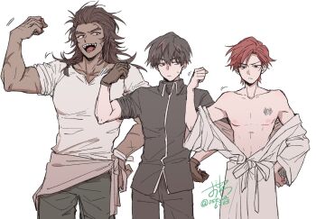 Rule 34 | 3boys, black hair, black shirt, brown gloves, brown hair, cale henituse, chest tattoo, choi han, clothes around waist, commentary request, cowboy shot, dark-skinned male, dark skin, flexing, gloves, green pants, hair slicked back, hand on own hip, highres, long hair, looking at another, lout of count's family, male focus, multicolored hair, multiple boys, muscular, muscular male, no nipples, open mouth, osewa6363, pants, pectorals, red hair, scar, scar on arm, scar on face, sharp teeth, shirt, short hair, signature, simple background, sleeves rolled up, smile, standing, streaked hair, tattoo, teeth, toned, toned male, topless male, tunka (lout of count's family), twitter username, white background, white shirt