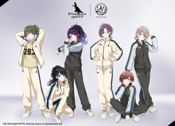 6+girls asakura_toru copyright_name dinosaure_sportif_(idolmaster) hand_on_own_cheek hand_on_own_face hands_on_own_hips higuchi_madoka idolmaster idolmaster_shiny_colors jacket jersey kazano_hiori logo multiple_girls nanakusa_nichika serizawa_asahi shirt shoes short_twintails side_ponytail sneakers squatting stretching t-shirt tanaka_mamimi track_jacket twintails