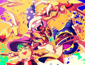 animal_ears arm_up belt belt_buckle belt_collar blonde_hair blue_belt blue_headwear blue_hood boots bow bowtie broom brown_footwear buckle cape claws clenched_hand collar colored_skin colored_tips commentary_request covered_mouth cube_hat_ornament disembodied_hand eyelashes fangs fur-trimmed_headwear fur_trim gear_print gloves green_eyes green_hair gryll_(kirby) half-closed_eyes hat heart holding holding_broom jester_cap kirby_(series) magolor marking_on_cheek marx_(kirby) marx_(true_form)_(kirby) multicolored_hair nintendo no_humans open_mouth orange_background outline paint_splatter petals pointy_boots polka_dot_headwear pom_pom_(clothes) purple_eyes purple_headwear purple_skin rayman_limbs red_bow red_bowtie red_footwear red_headwear scarf shirushiki short_hair smile socks solid_eyes striped_clothes striped_headwear tongue triangle_print two-tone_headwear v-shaped_eyes very_short_hair white_cape white_gloves white_outline white_scarf white_socks wide-eyed witch_hat yellow_eyes yellow_headwear yellow_wings