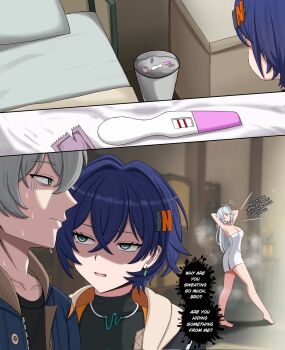Rule 34 | 1boy, 2girls, belle (zenless zone zero), blue hair, commentary, condom, condom wrapper, english commentary, english text, green eyes, grey hair, highres, impregnation, multiple girls, na (naneesan1), pregnancy test, white hair, wise (zenless zone zero), yixuan (zenless zone zero), zenless zone zero