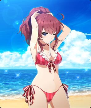 1girl ahoge arms_up beach bikini blue_eyes blue_sky bow breasts cleavage cloud collarbone cowboy_shot day dot_nose frilled_bikini frills game_cg horizon konohana_suzuka large_breasts lens_flare looking_at_viewer medium_hair mouth_hold navel ocean official_art one_eye_closed outdoors red_bikini red_bow red_hair ribbon side-tie_bikini_bottom sidelocks sky solo sparkle string_bikini striped_bikini striped_bow striped_clothes swimsuit third-party_source toji_no_miko toji_no_miko:_kizamishi_issen_no_tomoshibi tying_hair vertical-striped_bikini vertical-striped_clothes white_ribbon