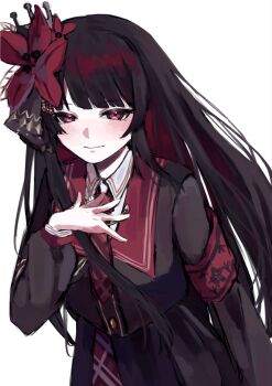 1girl armband black_hair black_shirt black_skirt blunt_bangs closed_mouth collared_shirt cowboy_shot flower hair_flower hair_ornament hand_on_own_chest hand_up highres long_hair long_sleeves looking_at_viewer mahou_shoujo_no_majo_saiban mebae_(mebae_cha) necktie nikaido_hiro red_armband red_eyes red_flower red_necktie shirt simple_background skirt smile solo standing white_background