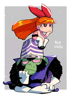 1boy 1girl absurdres black_footwear black_sash blossom_(ppg) blush_stickers border bow brain_capsule bright_pupils capsule_helmet cartoon_network character_name claws closed_mouth colored_skin dress fewer_digits floating_hair gloves green_skin grey_background hair_bow hat highres jitome long_hair mojo_jojo monkey orange_hair pantyhose pink_dress pink_eyes ponytail powerpuff_girls purple_vest rariatto_(ganguri) red_bow sash shoes short_dress sitting striped_brain_capsule very_long_hair vest white_border white_brain_capsule white_gloves white_pantyhose white_pupils