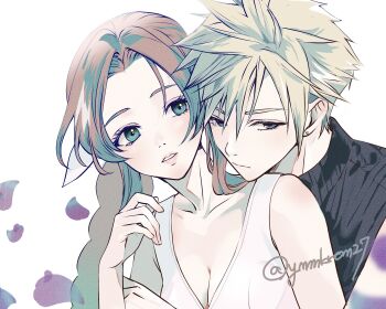 Rule 34 | 1boy, 1girl, aerith gainsborough, bare shoulders, black shirt, blonde hair, blue eyes, braid, braided ponytail, breasts, brown hair, cleavage, closed mouth, cloud strife, collarbone, commentary request, couple, dress, earrings, falling petals, final fantasy, final fantasy vii, final fantasy vii rebirth, final fantasy vii remake, green eyes, hair between eyes, hair ribbon, hetero, highres, hug, hug from behind, jewelry, long hair, medium breasts, parted bangs, parted lips, petals, pink dress, pink ribbon, ribbed shirt, ribbon, shirt, short hair, sidelocks, single braid, single earring, sleeveless, sleeveless dress, sleeveless turtleneck, spiked hair, turtleneck, twitter username, upper body, white background, ynmkrn27