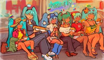 6+girls alternate_form argentina argentinian_flag argentinian_miku brazil brazilian_flag brazilian_flag_print brazilian_miku capybara colombia colombian_flag colombian_miku earrings eating flag_print flip-flops graffiti hat hatsune_miku highres jewelry long_hair mexican_clothes mexican_flag mexican_miku mexico multiple_girls multiple_persona nail_polish panama panama_flag panamanian_miku sandals short_shorts shorts sitting sunglasses taco tan twintails variations venezian_miku venezuela venezuelan_flag very_long_hair vocaloid worldwide_miku yokusehikari