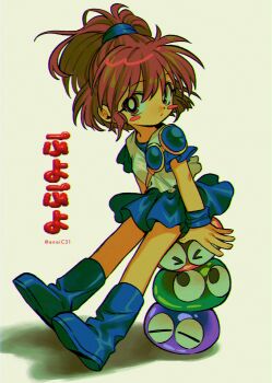 &gt;_&lt; 1girl arle_nadja armor blob blue_footwear blue_skirt blush_stickers boots brown_eyes brown_hair chromatic_aberration copyright_name full_body half_updo highres looking_at_viewer looking_up menma_(enaic31) parted_lips ponytail puyo_(puyopuyo) puyopuyo short_hair short_sleeves shoulder_armor sitting skirt stack twitter_username vest white_vest wristband
