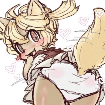 1girl absurdres animal_ears animal_nose ass ass_focus bent_over blonde_hair blush body_fur brown_fur cowboy_shot dog_ears dog_girl dog_tail dress female_focus furry furry_female hand_to_own_mouth hand_up happy heart highres leaning_forward little_tail_bronx loli mei_marzipan motion_lines open_mouth orange_eyes panties presenting presenting_ass red_leopard short_dress short_hair sidelocks simple_background sketch smile solo standing tail tail_wagging two_side_up underwear white_background white_dress white_panties