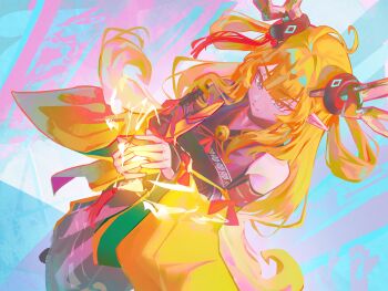 Rule 34 | 1girl, absurdres, arknights, bell, black dress, blonde hair, blue background, blue eyes, chinese clothes, commentary, detached sleeves, dress, english commentary, feet out of frame, highres, horn ornament, horns, leizi (arknights), leizi the thunderbringer (arknights), lightning, long hair, looking down, magic, nikov, pink background, pointy ears, saturated, sidelocks, solo, two-tone background, very long hair, wide sleeves, yellow sleeves