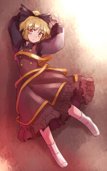 1girl arms_up black_bow blonde_hair bow brown_background brown_dress brown_eyes buttons commentary_request dress frilled_dress frills full_body hair_bow kurodani_yamame light_blush looking_at_viewer lying one-hour_drawing_challenge parted_lips ponytail rangycrow ribbon short_hair sideways_glance socks solo touhou white_socks yellow_ribbon