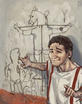 1boy alexamenos_graffito beard_stubble black_eyes black_hair crucifixion donkey facial_hair graffiti greco-roman_clothes greek_text grin highres jesus male_focus mossacannibalis pointing pointing_at_viewer real_life roman_clothes short_hair smile smug solo stubble
