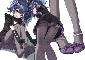 1girl :d artist_name ass black_bow black_dress black_gloves black_hat blue_hair blush bow cleavage_cutout clothing_cutout commentary_request dress eluthel feet frilled_dress frills gloves hair_bow hat heart_cutout high_heels highres idolmaster idolmaster_shiny_colors looking_at_viewer morino_rinze multiple_hair_bows multiple_views no_shoes nurse_cap open_mouth pantyhose parted_lips pearl_anklet polka_dot polka_dot_pantyhose puffy_short_sleeves puffy_sleeves purple_bow purple_shoes red_eyes shoes short_hair short_sleeves sitting smile soles thighband_pantyhose twintails twitter_username