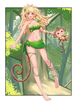 1girl absurdres banana bananajuju barefoot blonde_hair breasts brown_eyes brown_tail dreadlocks food fruit hierrachi highres indie_virtual_youtuber large_breasts leaf_bra leaf_skirt long_hair looking_at_viewer monkey monkey_girl monkey_tail navel open_mouth plant_clothing tail teeth tree upper_teeth_only virtual_youtuber