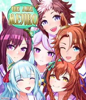 Rule 34 | 6+girls, absurdres, ahoge, animal ears, blue eyes, blue hair, blush, bow, bowtie, braid, brown eyes, brown hair, closed eyes, closed mouth, commentary request, crown braid, ear bow, ear ornament, ear ribbon, english text, hair between eyes, hair ornament, hairclip, highres, horse ears, horse girl, long hair, looking at viewer, mejiro ardan (umamusume), mejiro bright (umamusume), mejiro dober (umamusume), mejiro family (umamusume), mejiro mcqueen (umamusume), mejiro palmer (umamusume), mejiro ryan (umamusume), multicolored hair, multiple girls, one eye closed, open mouth, puffy short sleeves, puffy sleeves, purple bow, purple bowtie, purple eyes, purple hair, purple shirt, sailor collar, sailor shirt, school uniform, shirt, short hair, short sleeves, side braids, smile, speech bubble, streaked hair, torinosukei, tracen school uniform, twin braids, two-tone hair, umamusume, white sailor collar