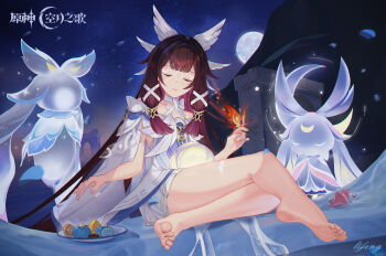 Rule 34 | 1girl, absurdres, barefoot, black hair, choker, closed eyes, closed mouth, collarbone, columbina (genshin impact), commentary request, conch, crystalfly (genshin impact), dessert, dress, feathered wings, food, fruit, full moon, genshin impact, hair ribbon, head wings, highres, kuuhenki (genshin impact), li feng (user hvnc4748), long legs, luonnotar (genshin impact), moon, multiple wings, night, night sky, pink hair, ribbon, signature, sitting, sky, smile, toes, white choker, white dress, white ribbon, wings