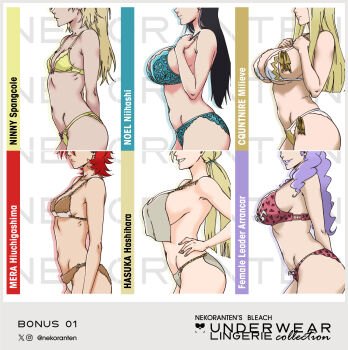 6+girls arrancar bleach bleach:_sennen_kessen-hen blonde_hair blunt_ends bra breasts burn_the_witch character_name closed_mouth collarbone cquntnire_milieve from_side hand_on_own_hip hands_up hashihara_hasuka head_out_of_frame highres hiuchigashima_mera instagram_logo long_hair medium_hair multiple_girls navel nekoranten niihashi_noel ninny_spangcole panties parted_lips purple_hair purple_lips red_hair sideboob single_breast_curtain smile strap_gap twitter_username underboob underwear yellow_bra yellow_panties