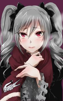 Rule 34 | 10s, 1girl, 71 (nanaichi drafting), blush, dress, drill hair, female focus, frills, gothic lolita, hair ribbon, idolmaster, idolmaster cinderella girls, kanzaki ranko, lacoste, lancoste, lolita fashion, long hair, looking at viewer, product placement, red eyes, ribbon, scarf, silver hair, solo, twin drills, twintails