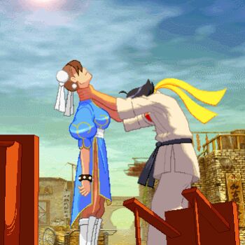 2girls baconpal belt black_belt black_hair blue_dress blue_sky bra bracelet breasts brown_hair brown_pantyhose bun_cover capcom china_dress chinese_clothes choke_hold chun-li closed_mouth collared_dress curled_fingers double_bun dougi dress earrings eyes_in_shadow frilled_dress frills gold_trim hair_bun hair_over_eyes hair_ribbon jewelry karate_gi lifting_person makoto_(street_fighter) meme multiple_girls neck_ribbon neon_genesis_evangelion pantyhose parody pelvic_curtain pixel_art puffy_short_sleeves puffy_sleeves red_bra ribbon road short_hair short_sleeves sky spiked_bracelet spikes strangling street street_fighter street_fighter_iii_(series) table the_end_of_evangelion tomboy underwear white_ribbon wooden_table yellow_ribbon