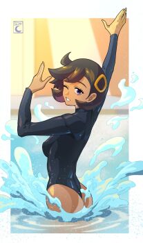 1girl 604yue arms_up ass black_hair bodysuit breasts commentary dark-skinned_female dark_skin emma_(pokemon) english_commentary hair_ornament highres looking_at_viewer nintendo one_eye_closed open_mouth pokemon pokemon_legends:_z-a pool purple_eyes short_hair smile solo swimsuit water wet_suit