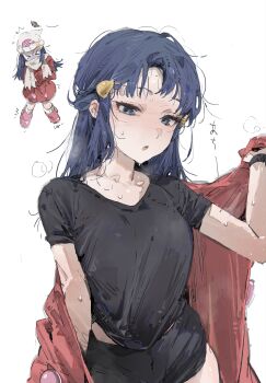 1girl absurdres blue_eyes blue_hair blush breasts coat dawn_(pokemon) full_body hat highres large_breasts le_(szs0k) long_hair multiple_views nintendo parted_lips pink_shoes pokemon pokemon_dppt pokemon_platinum red_coat scarf shoes short_sleeves simple_background solo sweat undressing upper_body white_background white_hat white_scarf