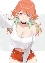 1girl absurdres alternate_costume black_choker bluefield breasts choker cleavage closed_mouth colored_inner_hair commentary cropped_shirt dolphin_shorts feathers gradient_hair green_feathers green_hair highres hololive hololive_english large_breasts long_hair long_sleeves looking_at_viewer midriff multicolored_hair navel orange_hair orange_shorts outstretched_arm purple_eyes reaching reaching_towards_viewer shirt short_shorts shorts simple_background single_off_shoulder smile solo swept_bangs symbol-only_commentary takanashi_kiara virtual_youtuber white_background white_shirt