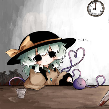 1girl black_eyes black_hat blood clock commentary_request contrast_collar green_hair hair_between_eyes hat hat_ribbon head_rest heripantomorrow knife komeiji_koishi long_sleeves ribbon shirt sitting solo table third_eye touhou translation_request trash_bag upper_body wide_sleeves yellow_ribbon yellow_shirt