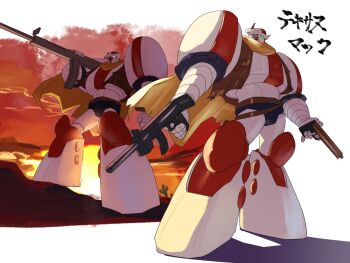 aqua_eyes belt brown_belt dual_wielding getter_robo glowing glowing_eyes gun holding holding_gun holding_weapon mecha mecha_focus no_humans robot scarf science_fiction shin_getter_robo_vs_neo_getter_robo standing sunset super_robot texas_mack vldhomecenter weapon yellow_scarf