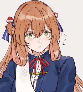 Rule 34 | 1girl, asawa (dm owr), blue sleeves, bow, commentary request, girls' frontline, green eyes, highres, long hair, orange hair, solo, springfield (girls' frontline), twintails, upper body, white background