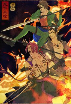 10s 3boys bayashiko fine_art_parody fingerless_gloves gloves grin highres long_sideburns male_focus multiple_boys nihonga nihongou nihongou_(touken_ranbu) open_mouth otegine parody polearm siddham smile spear tonbokiri_(touken_ranbu) touken_ranbu ukiyo-e weapon yari